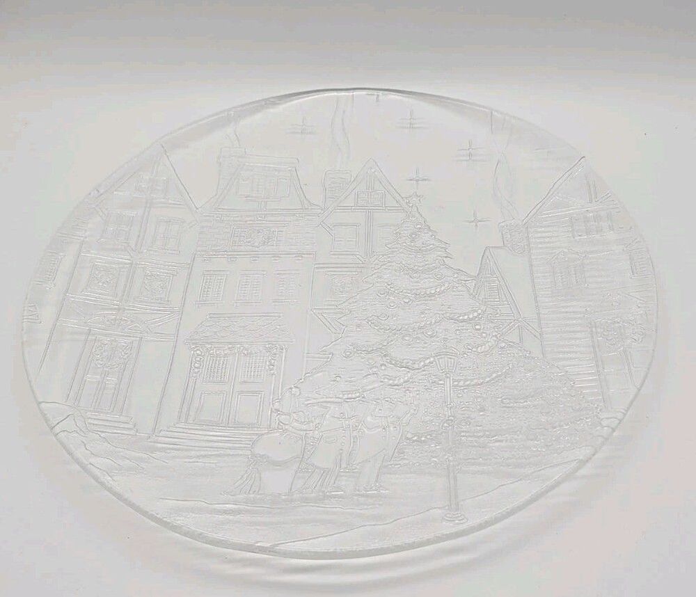 Glass Clear Christmas Tree village design platter Stars Carolers Wreaths 14.25"